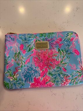 Lilly Pulitzer Blue Floral Zip Pouch with Pink and Green Accents